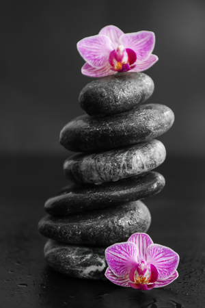 Stack of spa stones and beautiful orchid flowers on dark backgroundの写真素材