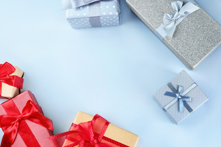 Elegant gift boxes on light background, flat layの写真素材