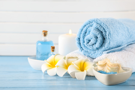 Beautiful spa composition on wooden tableの写真素材