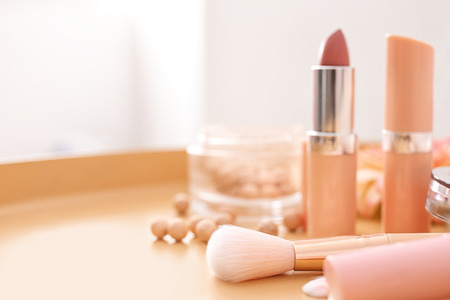 Decorative cosmetics and brushes on table, closeupの写真素材