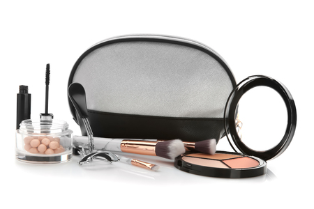 Composition with decorative cosmetics on white backgroundの写真素材