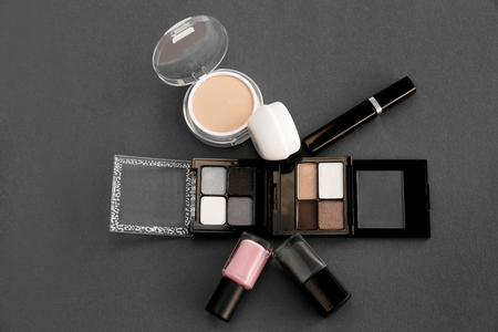 Set of decorative cosmetics on gray backgroundの写真素材