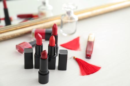 Set of cosmetic products on tableの写真素材
