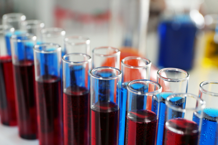 Test tubes with colorful liquids, closeupの写真素材