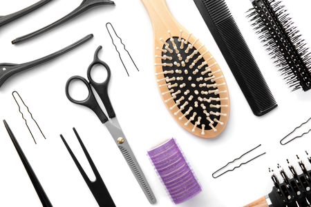 Professional hairdresser's set on white background, top viewの写真素材