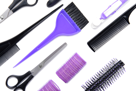 Professional hairdresser's set on white background, top viewの写真素材