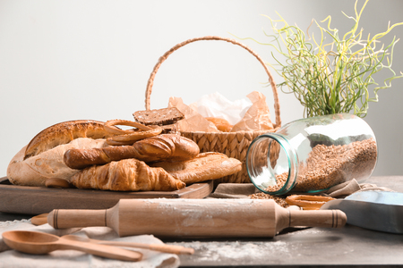 Composition with different bakery products on tableの写真素材