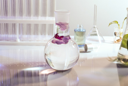 Glass flask with flower on table
