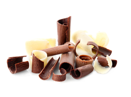 Delicious chocolate curls on white backgroundの写真素材