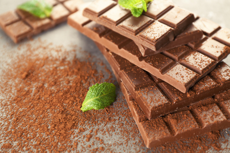 Tasty chocolate with mint on gray backgroundの写真素材