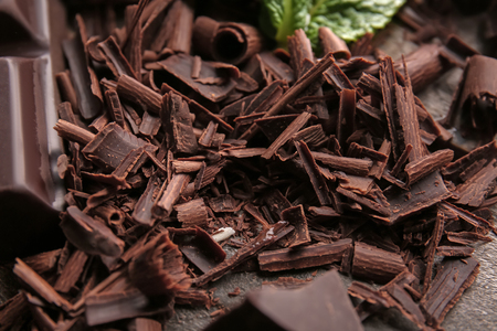 Chocolate curls on table, closeupの写真素材