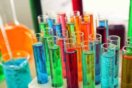 Many test tubes with colorful liquids, closeupの写真素材
