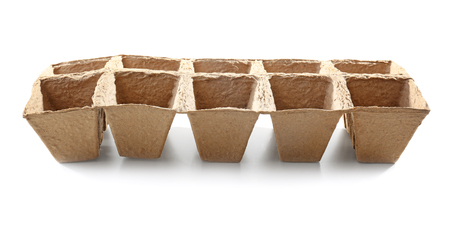 Peat pots kit for gardening on white backgroundの写真素材