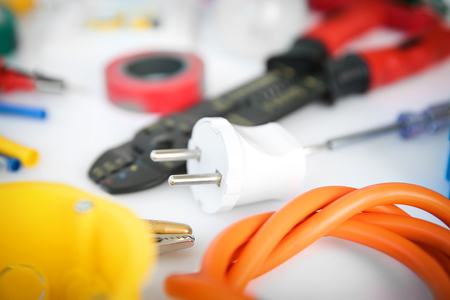 Electrician's supplies on white backgroundの写真素材