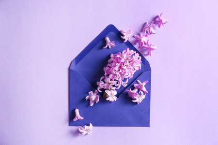 Open mail envelope with flowers on color background