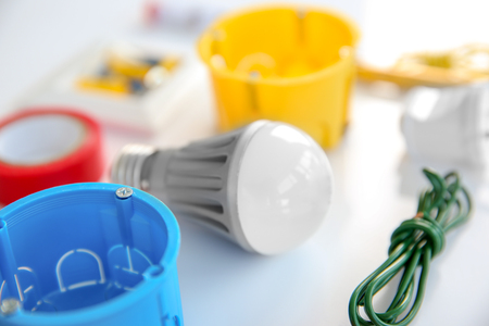 Electrician's supplies on white backgroundの写真素材