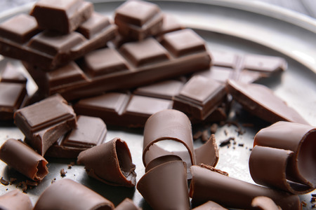 Plate with chocolate curls, closeup