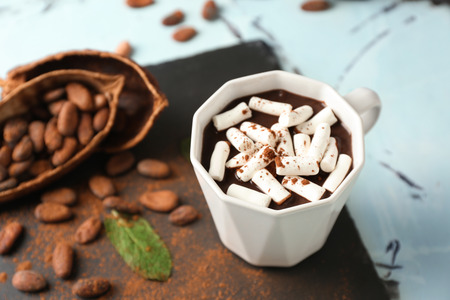 Cup of hot chocolate with marshmallows on slate plate
