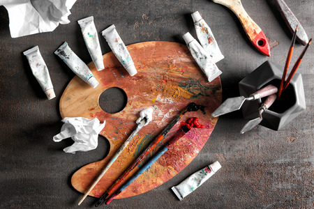 Painter's supplies on grey background, top viewの写真素材