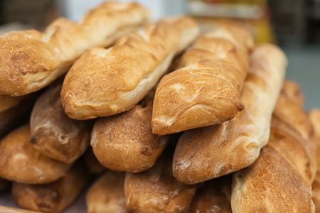 Fresh bread in bakery, closeupの写真素材