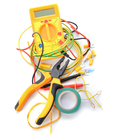 Electrician's supplies on white backgroundの写真素材