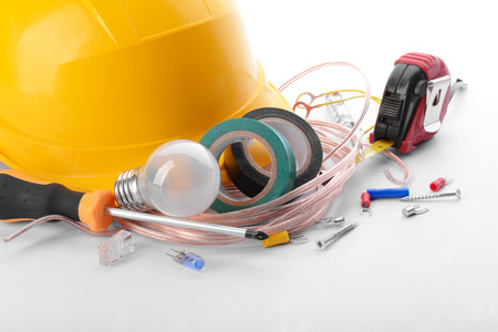 Electrician's supplies on white backgroundの写真素材