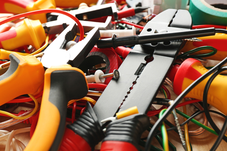 Electrician's supplies on table, closeupの写真素材