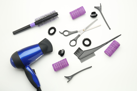 Professional hairdresser's supplies on white backgroundの写真素材