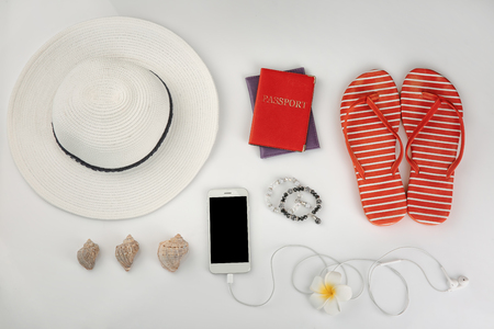 Composition with passports, smartphone and accessories on white background. Travel planning conceptの写真素材