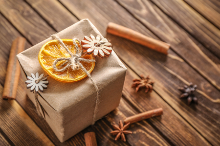Beautiful gift box on wooden backgroundの写真素材