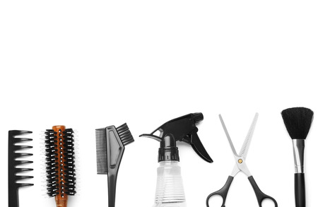 Professional hairdresser's supplies on white backgroundの写真素材