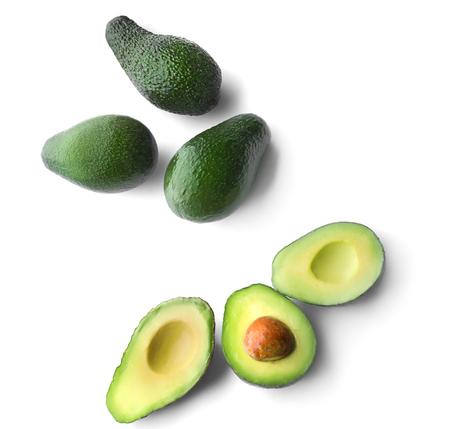 Fresh avocados on white background, flat lay