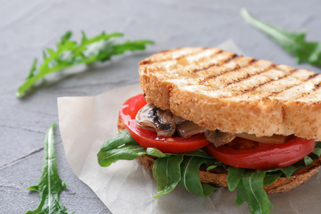 Tasty sandwich on textured tableの写真素材