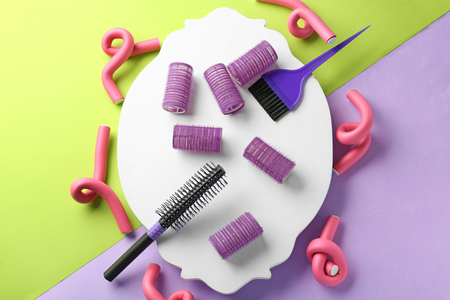 Professional hairdresser's set on color backgroundの写真素材