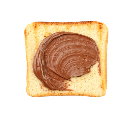 Toasted bread with chocolate paste on white backgroundの写真素材