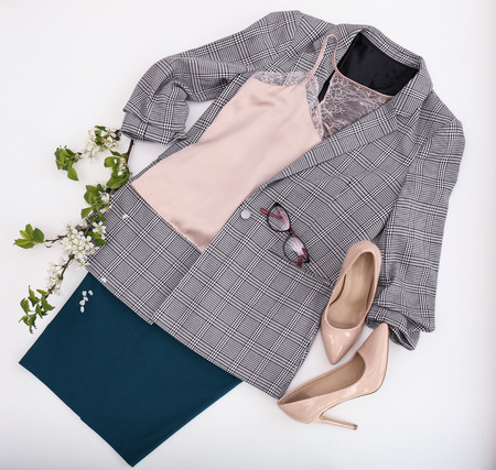 Stylish set of casual female clothes on white backgroundの写真素材