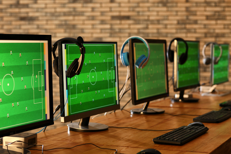 Table with computers for video games tournamentの写真素材