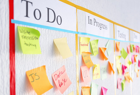 Scrum task board with stickers on wall in office
