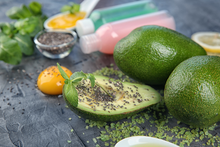 Natural ingredients for homemade cosmetics on tableの写真素材