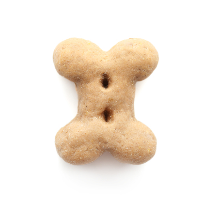 Dry pet food in shape of bone on white backgroundの写真素材