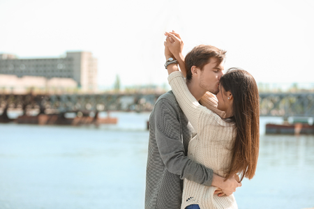 Portrait of cute lovely couple outdoorsの写真素材
