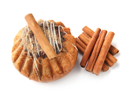 Sweet cinnamon cake on white backgroundの写真素材