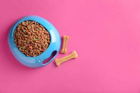 Bowl with pet food on color backgroundの写真素材