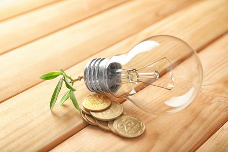 Light bulb and coins on wooden background. Electricity saving conceptの写真素材
