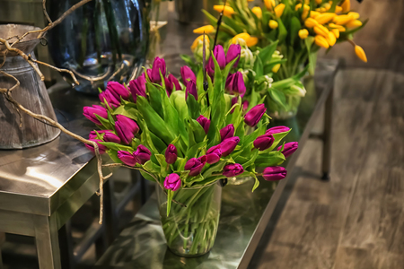 Beautiful tulips in flower shopの写真素材