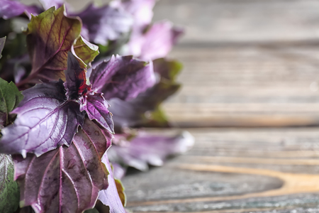 Fresh basil on wooden background, closeupの写真素材