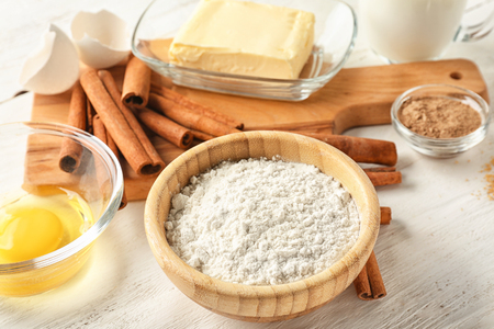 Ingredients for cooking cinnamon buns on tableの写真素材