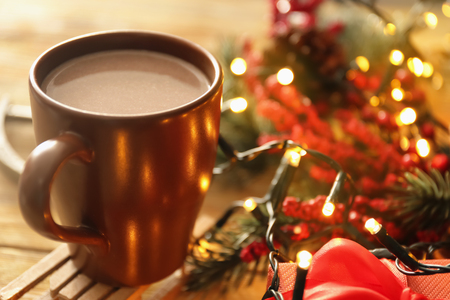 Cup of hot cocoa on table, closeupの写真素材