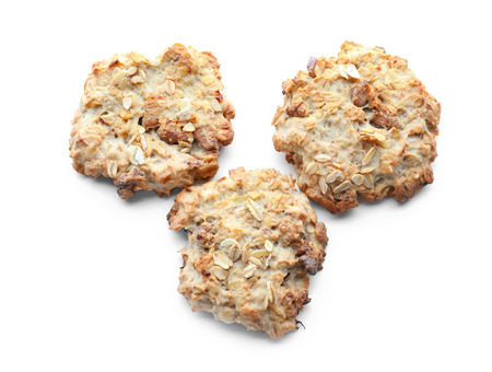 Delicious oatmeal cookies on white backgroundの写真素材