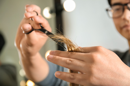 Professional hairdresser working with client in beauty salon, closeupの写真素材
